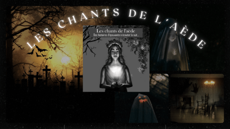Le logo du site Les chants de l'aède accompagné de photos d'épouvante en arrière-plan