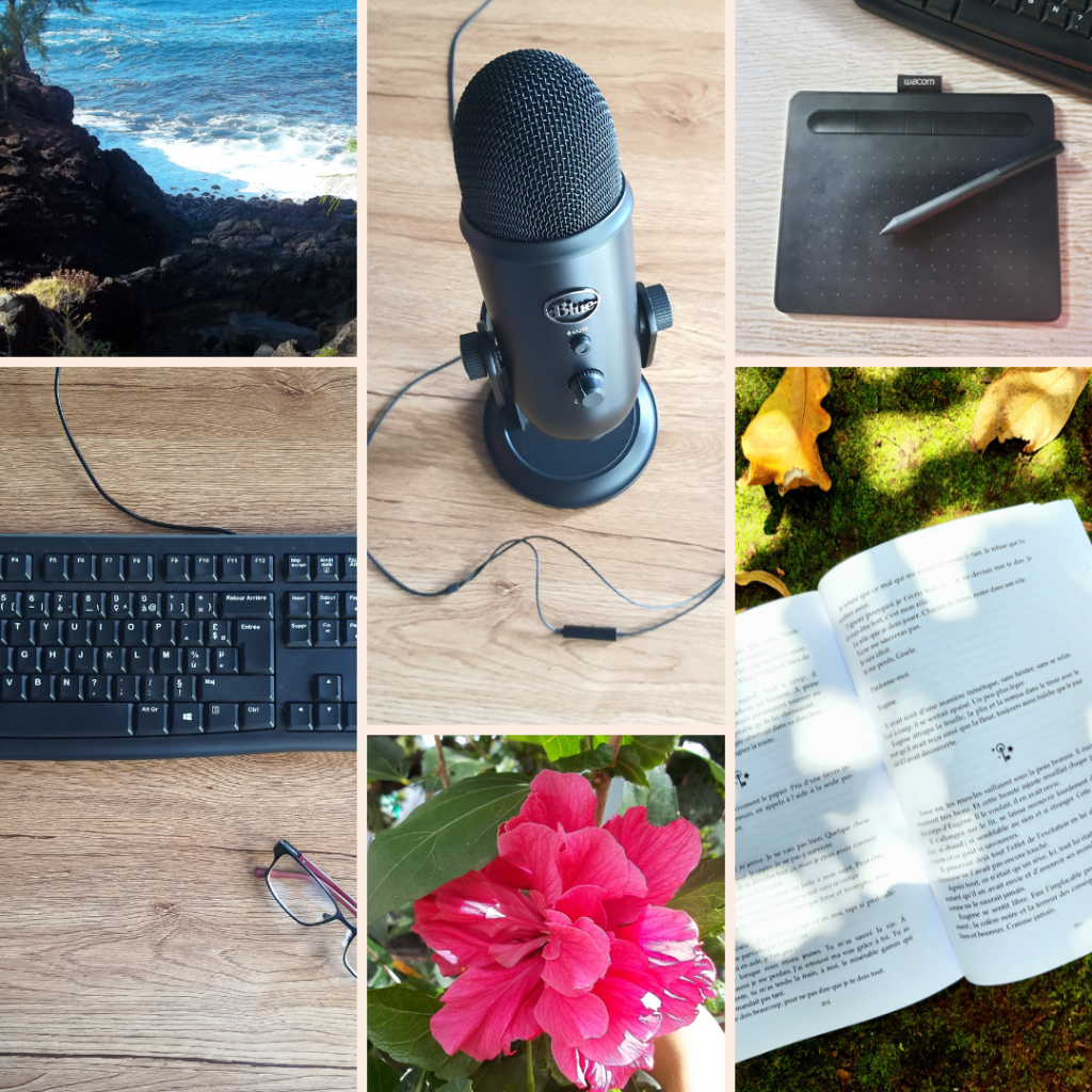 Plusieurs photos représentant : la mer, un micro, un clavier, une hibiscus, une tablette graphique et un livre ouvert