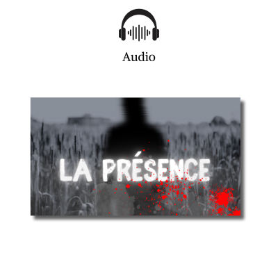 Une silhouette noire, un peu floue, dans un champ sur un arrière-plan de paysage sombre avec pour titre La présence et quelques taches de sang.