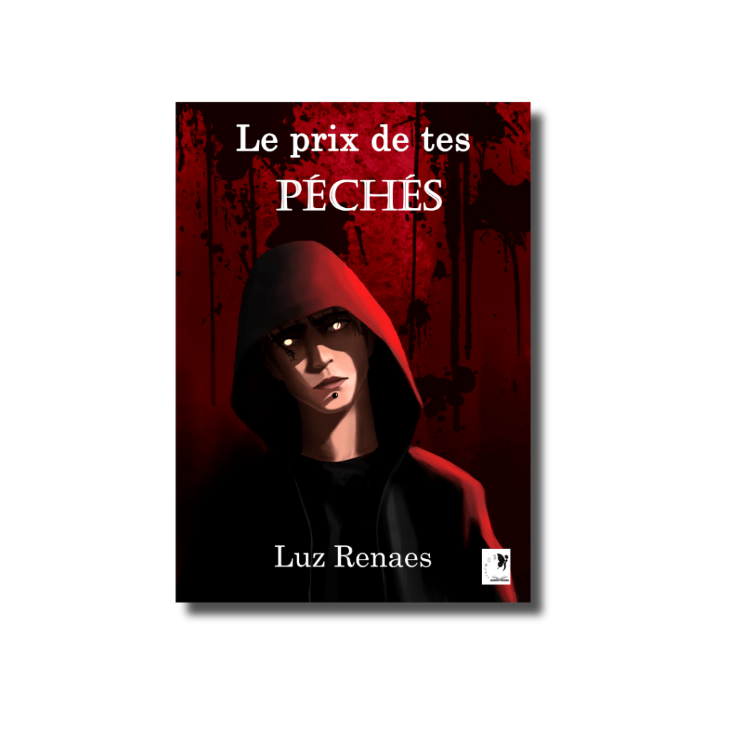 La couverture de la nouvelle Le prix de tes péchés. Un jeune homme à capuche aux yeux lumineux avec un arrière-plan rouge sang